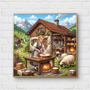Puede incluir: Una impresión enmarcada muestra a una mujer con vestimenta tradicional cocinando sobre un fuego. Una mesa de madera rústica sostiene una olla, con ovejas cerca. El fondo muestra una cabaña, montañas y un pueblo, evocando una escena rural.