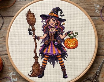 Spooky Witch Cross Stitch Pattern, Halloween Digital PDF Download, Cute Modern Witch Craft Pattern, Easy Embroidery Hoop Art, Instant PDF
