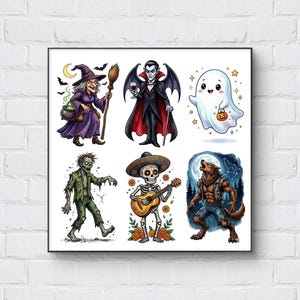 May include: A square print featuring six Halloween characters: a witch with a broom and cauldron, a vampire with a glass of wine, a small ghost holding a pumpkin, a green zombie, a skeleton in a sombrero playing a guitar, and a howling werewolf.
