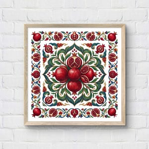 May include: Square framed print featuring a detailed illustration of pomegranates. The artwork showcases a central cluster of red pomegranates surrounded by green leaves and intricate floral patterns in red, blue, and gold. The print is set against a white background.