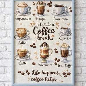May include: A framed cross-stitch wall art piece on light fabric featuring illustrations of various coffee drinks including cappuccino, frappe, americano, latte, espresso, macchiato, and Irish coffee, with the text Let's take a Coffee break and Life happens, coffee helps.