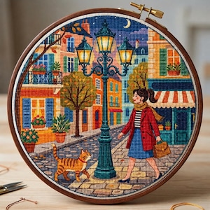 May include: A circular wooden embroidery hoop containing a cross-stitch design of a city street at night. The scene features a tall blue streetlamp, a person in a red coat and blue skirt walking a tabby cat, and colorful buildings.