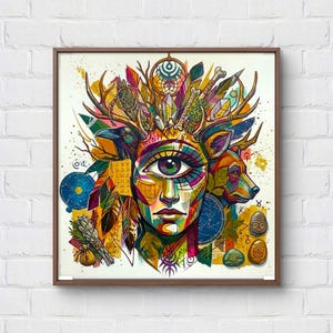 May include: A framed, vibrant artwork depicting a central face with a large eye, decorated with antlers, feathers, and a dreamcatcher. The illustration includes a raven, a dog, and other symbolic elements, using a bright palette of blues, greens, yellows, and oranges.