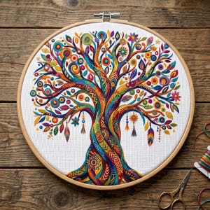 May include: A circular wooden embroidery hoop containing white fabric with a colorful, intricate tree design. The tree features vibrant, multi-colored patterns, swirling branches, and hanging decorative elements like feathers and sun-like shapes.