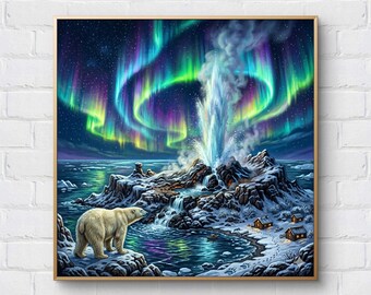 Northern Lights Cross Stitch Pattern: Polar bear Embroidery PDF (Digital Download)