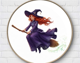 PDF Flying Witch Cross Stitch Pattern, Cute Witch on Broomstick Xstitch, Fantasy Magic Embroidery, Spooky Halloween Needlepoint Chart PDF
