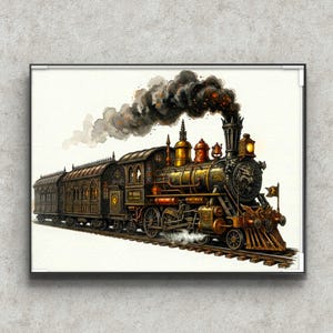May include: Watercolor painting of a vintage steam train with a black and gold engine, billowing dark smoke. The train has a detailed design with the number 666 on the side. The train is on a track.