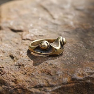 Könnte beinhalten: Ein Ring aus Messing in Form eines Frosches mit detaillierten Merkmalen, darunter große, runde Augen und eine strukturierte Oberfläche. Der Ring ist vor einem natürlichen, erdigen Hintergrund platziert, der seine antike Oberfläche und sein einzigartiges Design hervorhebt.