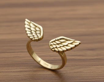 Gold Angel Wing Open Ring – Adjustable Wing Band, Spiritual Minimalist Boho Jewelry Gift