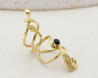 Gold Serpent Ring with Black Stone • Adjustable Snake Ring • Boho Statement Brass Ring • Fantasy Gothic Jewelry • Unique Handmade Serpent