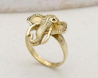 Anillo de elefante dorado • Anillo bohemio con forma de animal • Anillo llamativo con cabeza de elefante • Joyería simbólica de buena suerte • Regalo para ella