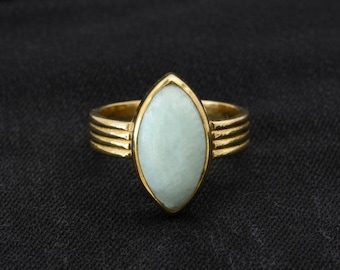 Gold Marquise Aquamarine Ring, Light Blue Gemstone Ring, Minimalist Gold Band Ring, Handmade Statement Ring, Gift for Her