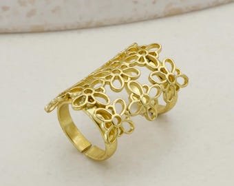 Handmade Gold Floral Adjustable Ring, Boho Brass Flower Ring, Wide Statement Band, Filigree Blossom Jewelry, Unique Gift for Her