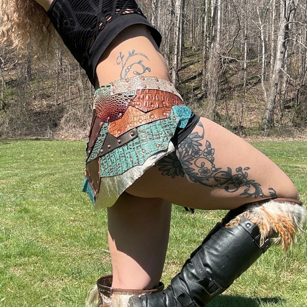 TWILIGHT TWISTS - Teal and Copper Patchwork Leather Skirt, full of Earthy Goddess Vibes. Be unique with this one of a kind handmade belt.