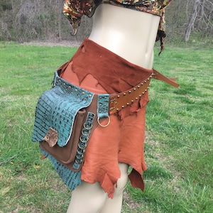 Handmade Leather Hip Bag: Brown & Teal Festival Utility Belt