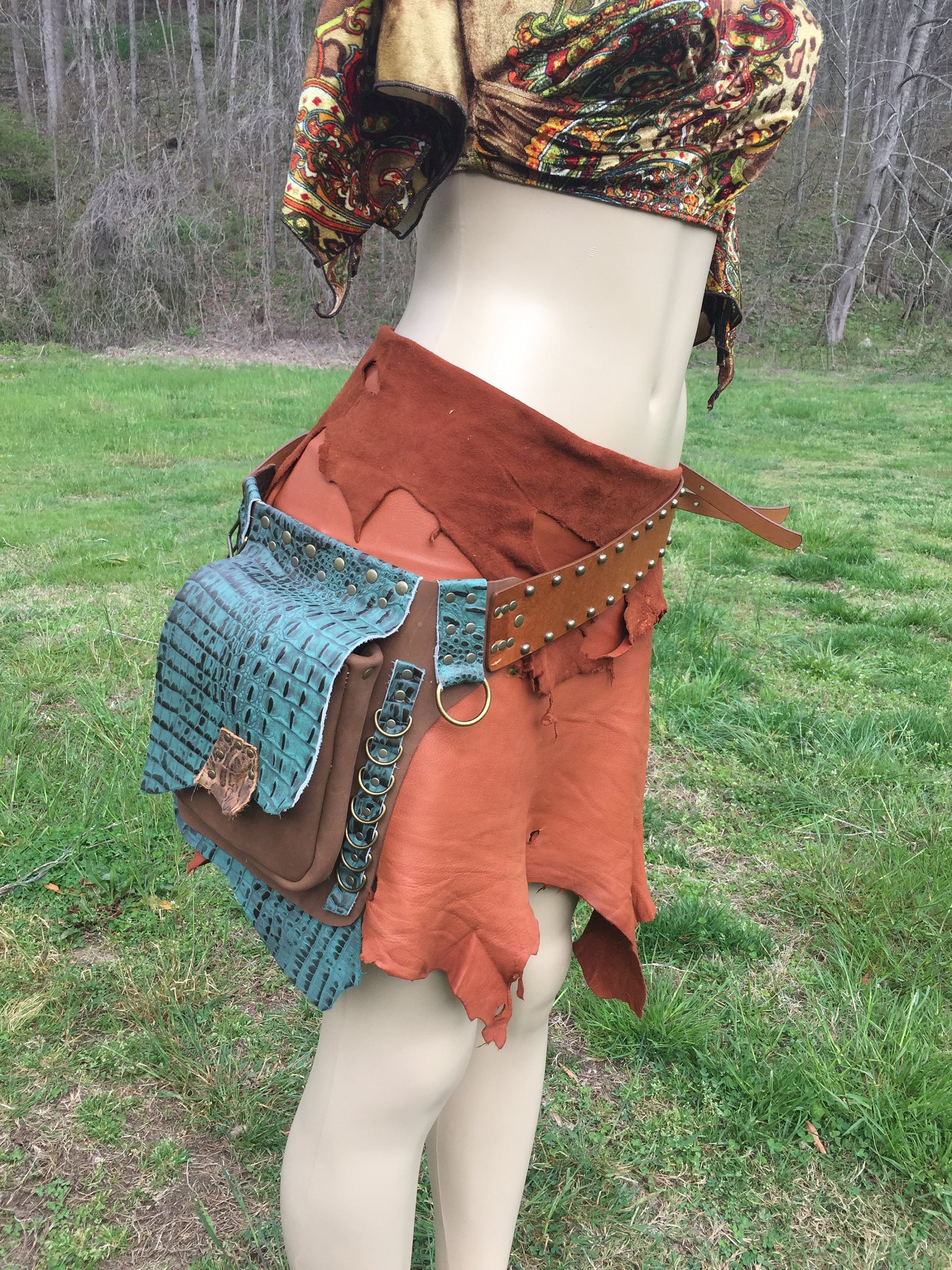 Handmade Leather Hip Bag: Brown & Teal Festival Utility Belt  display picture 2