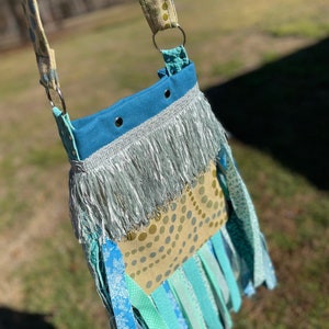Teal and Green Bubble Print Fringe Purse, Festival Fringe Bag, Hippie Style Shoulder Bag, Crossbody Boho Purse