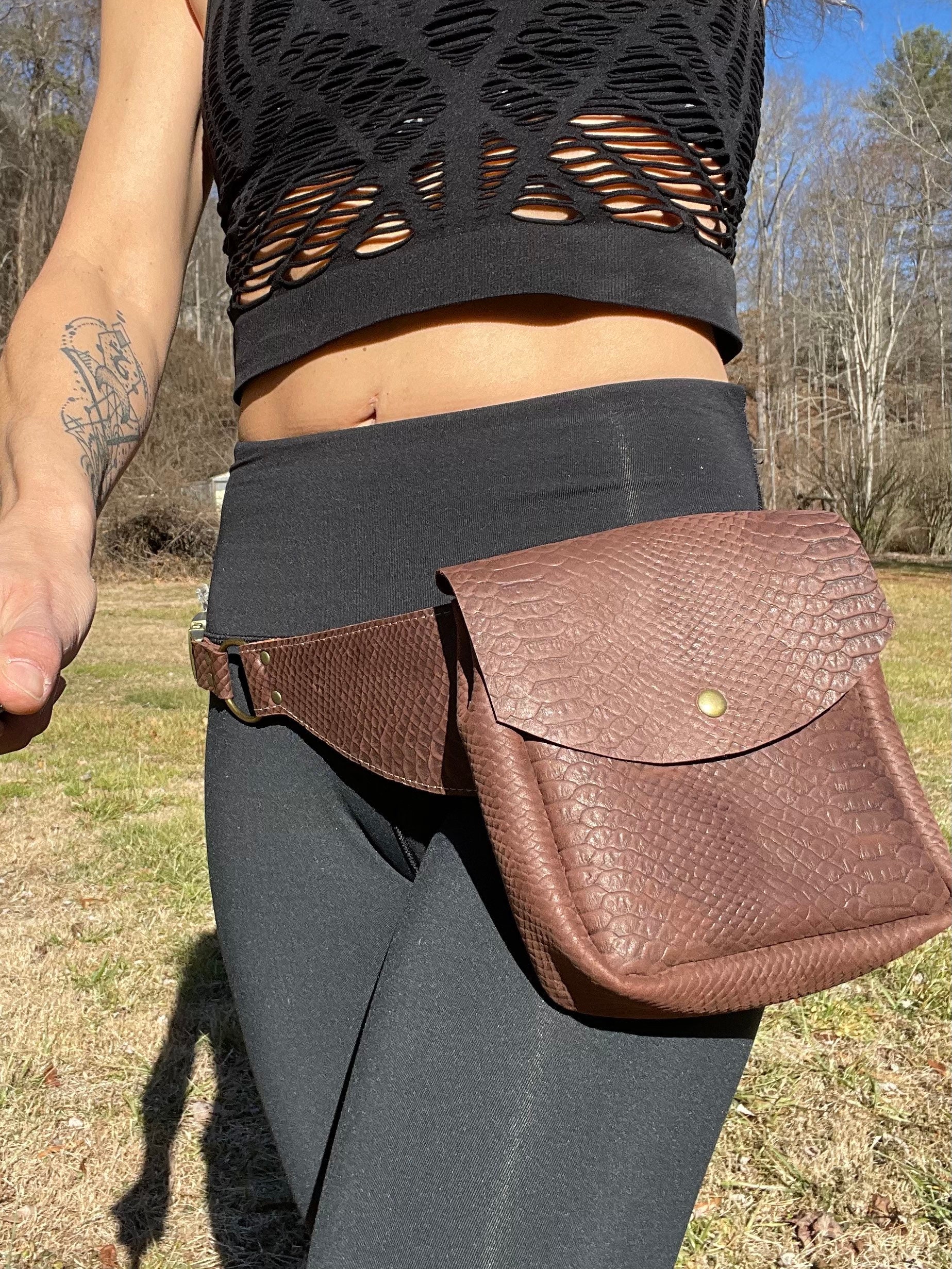 Handcrafted Brown Leather Fringe Festival Belt w/mult pockets-utility hip belt Genuine Leather Utility Belt With Dual Pouches, Adjustable  main image 4