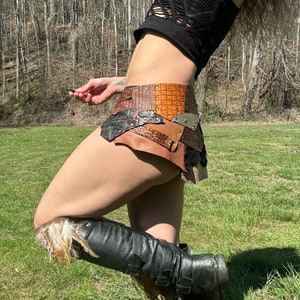 GROUNDED - Steampunk Belt - Channel your inner warrior with this Golden Brown Leather Patchwork Skirt - Perfect for Viking Costumes
