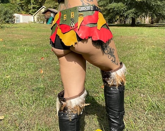 CHALWA, Leather Festival Belt, Bracelet & Earrings, Burning Man Costume, Rave Costume, EDM Costume, Rasta Belt