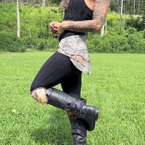 SILVER FLOWERS, Steampunk Belt meets Viking Costume: Leather Patchwork Skirt in Grey and Silver