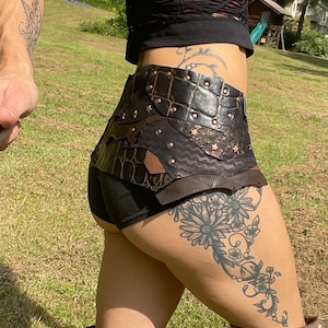 COPPER STARS, Handcrafted Brown & Black Leather Skirt with Copper Stars - Perfect for Burning Man and Steampunk