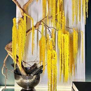 Può includere: Composizione floreale decorativa con sfondo bianco strutturato e ciotola in metallo martellato. La composizione include un ramo d'albero secco con fiori gialli a cascata, creando un contrasto visivo sorprendente.
