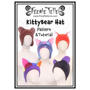 Puede incluir: Un patrón y un tutorial descargables digitalmente para hacer un gorro de gatito. La imagen muestra cinco gorros diferentes con varios colores y patrones, incluyendo marrón, naranja, azul, morado y negro.