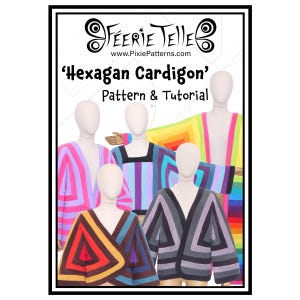 May include: A digital download pattern and tutorial for crocheting a hexagon cardigan. The image shows five different versions of the cardigan in various colors, including rainbow, pink, purple, and gray.