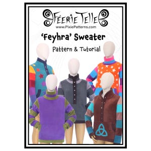 Puede incluir: Imagen de un patrón y tutorial para un suéter 'Feyhra'. La imagen muestra cinco maniquíes que visten diferentes suéteres coloridos. Los suéteres tienen varios diseños, incluyendo estrellas, rayas y un nudo celta.