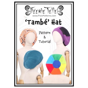 May include: A product image featuring a pattern and tutorial for a 'També' Hat. The image showcases various colorful hat designs, including a teal, a rainbow-colored, and a purple and black hat. The hats are displayed on mannequin heads.