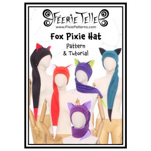 May include: A display of Fox Pixie Hats in various colors, including black, red, purple, and teal. Each hat features fox ear details and is displayed on a mannequin. The image includes the text "Fox Pixie Hat Pattern & Tutorial".