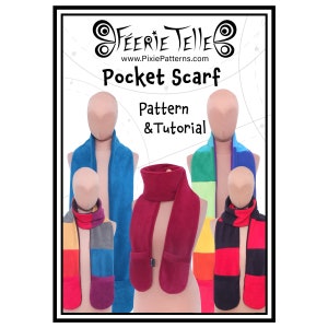 May include: A sewing pattern and tutorial for a pocket scarf. The image shows four different versions of the scarf in various colors and patterns, including a rainbow striped scarf, a blue scarf with a pocket, a red scarf with a pocket, and a black and red striped scarf.