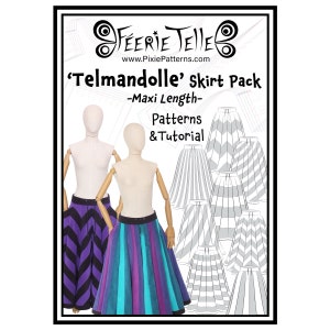 May include: A digital sewing pattern for a maxi-length skirt called 'Telmandolle' by Feerie Telle. The pattern includes multiple skirt styles with different stripes and chevron patterns. The pattern also includes a tutorial.