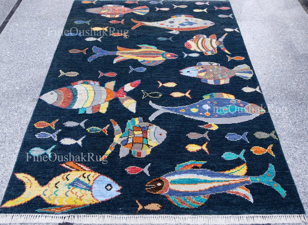 Playful Fish Pattern Wool Rug, Area Rug 7x10, 6x9, 8x10, 9x12, 10x14 ...
