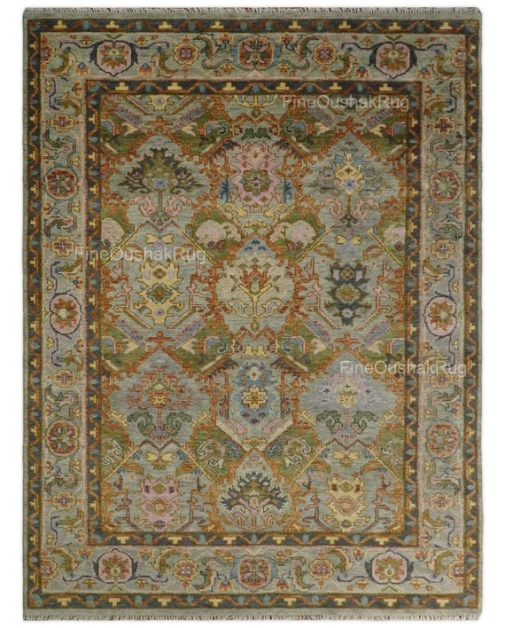 Hand Knotted Rug, Moss Green Rust Floral Carpet, Antique Oushak Vintage Persian Style Terracotta Area Rug, Handmade Neutral Living Room Rug