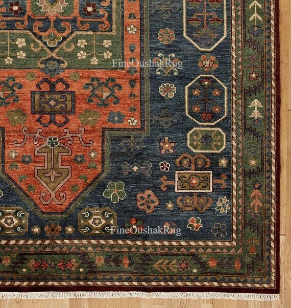 Hand Knotted Rug 8x10, Vintage Tribal Persian Rug, Blue Rust Wool Carpet, Traditional Oriental Area Rug, Handmade Boho Living Room Rug