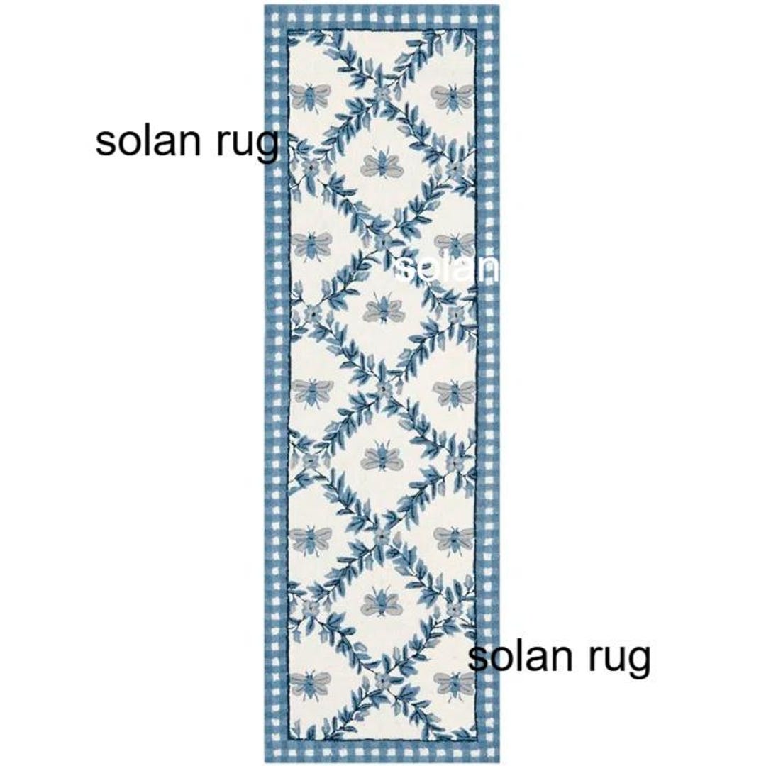 Bee Rug Runner Blue Floral Bee Runner Rug, Cottagecore Botanical Hallway Runner ...