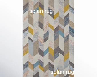Hand Tufted Wool Rug - Modern Geometric Chevron Area Rug - Blue, Gold, and Grey Abstract Carpet for Living Room,Bedroom - Binada Graphic Rug