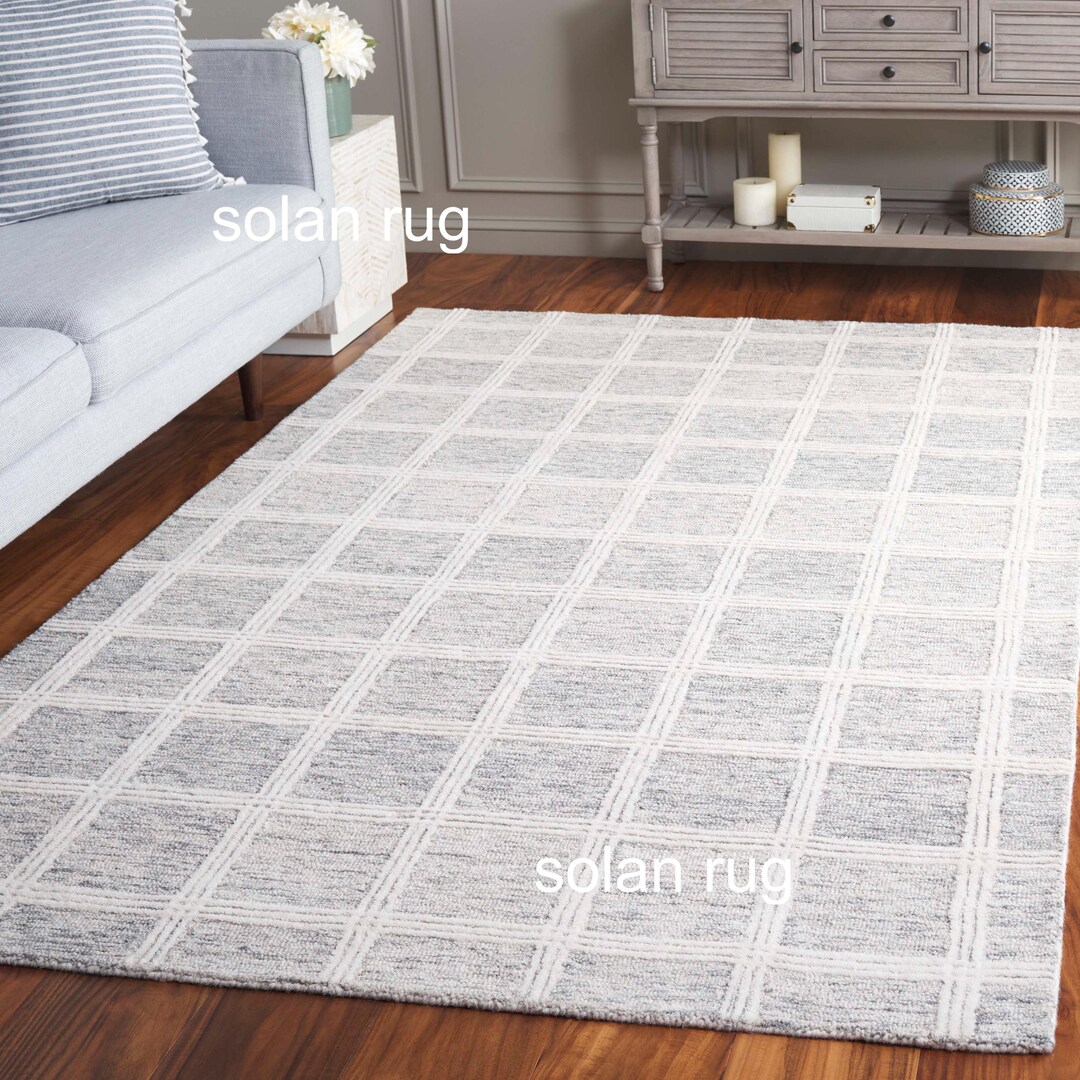 Grey Windowpane Rug | Neutral Farmhouse Decor | Soft Geometric Wool Rug ...
