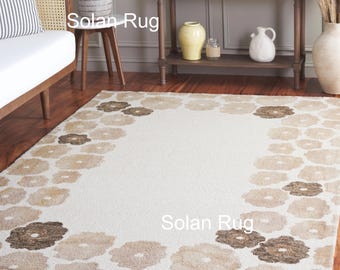 Hand Tufted Beige Ivory Floral Border Rug, Modern Minimal Area Rug, Neutral Wool Living Room Carpet, Scandinavian Bedroom Rug, Custom Size
