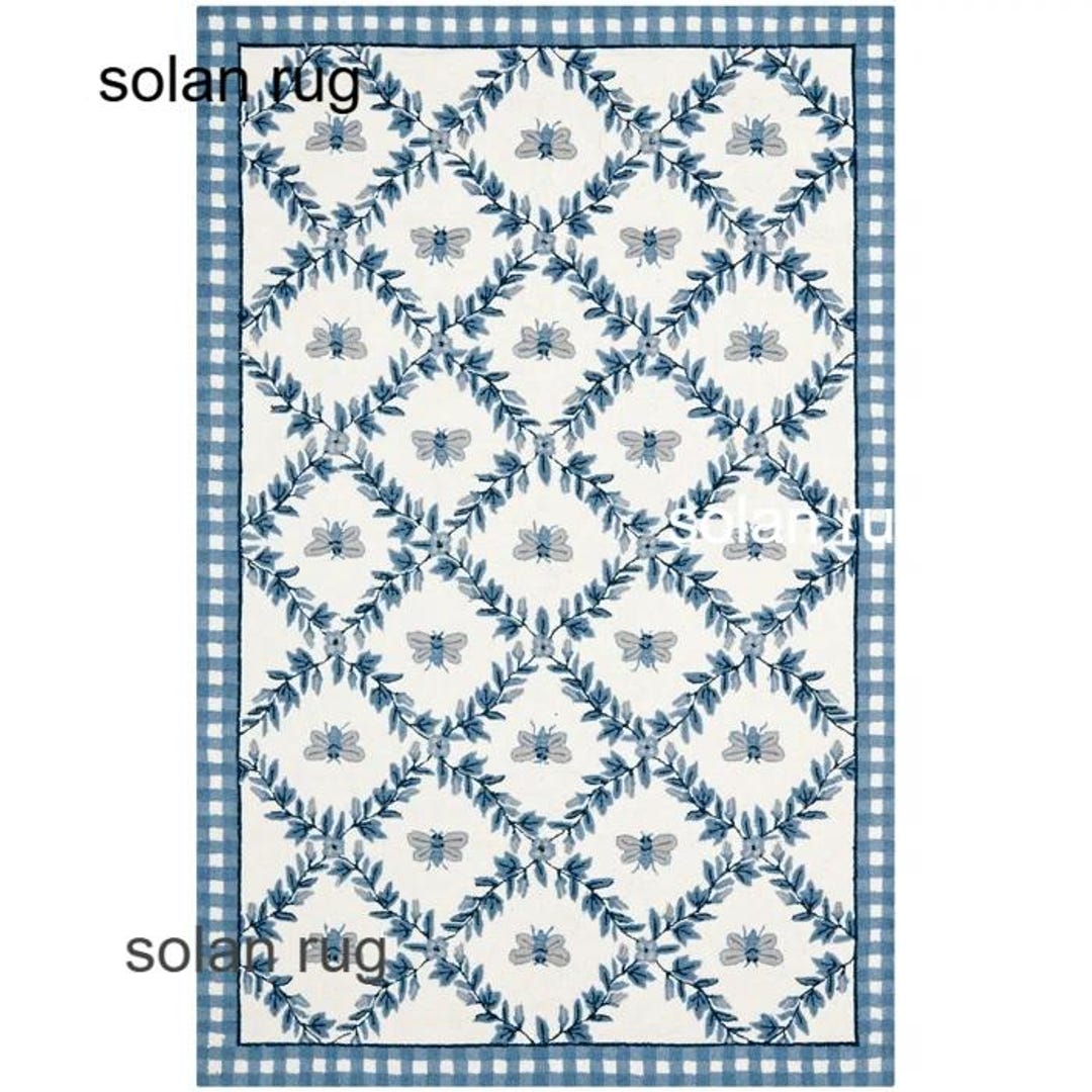 Blue Floral Bee Area Rug, Cottagecore Botanical Carpet, Farmhouse ...