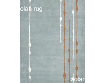 Modern abstrakt blå ullmatta, handtuftad modern matta, minimalistisk linjemönstermatta för vardagsrum/sovrum