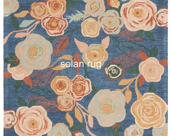Blue Floral Area Rug Hand Tufted Wool | Pink Rose & Botanical Pattern Carpet | French Country Living Room Decor | Cottagecore Bedroom Rug