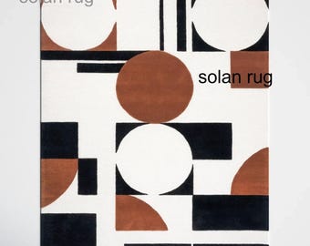 Antoni handgjord ullmatta - geometrisk matta i modern stil - elfenben, svart och terrakottabrun - minimalistisk abstrakt konstmatta för vardagsrum