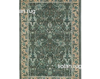 Green Floral Hand Tufted Wool Rug, Traditional Vintage Style Area Rug, Handmade Oriental Carpet for Living Room Bedroom Decor