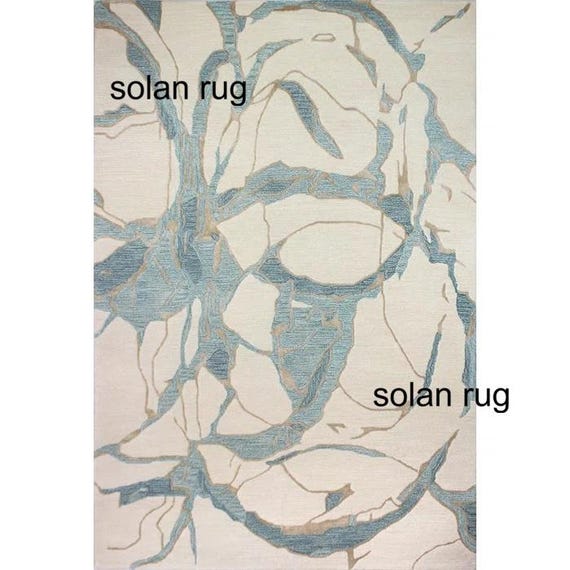 Abstract Blue & Ivory Area Rug, Modern Contemporary Living Room Rug, Organic Pattern Neutral Carpet, Minimalist Home Decor