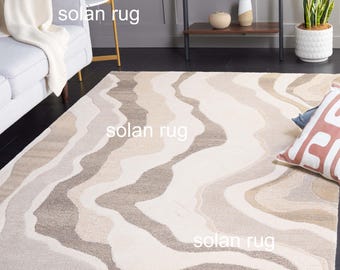 Modern Abstract Wavy Rug, Ivory Grey Area Rug, Contemporary Neutral Carpet, Minimalist Living Room Bedroom Rug
