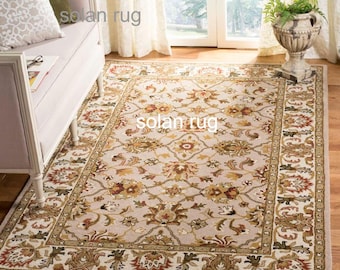 Classic Heritage Style Wool Rug | Ivory, Beige and Gold Floral Carpet | Thick Pile Hand Tufted Area Rug Traditional Persian Style Floor Mat