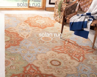 Traditional Floral Area Rug, Vintage Persian Style Wool Rug, Boho Medallion Carpet, Living Room Bedroom Decor